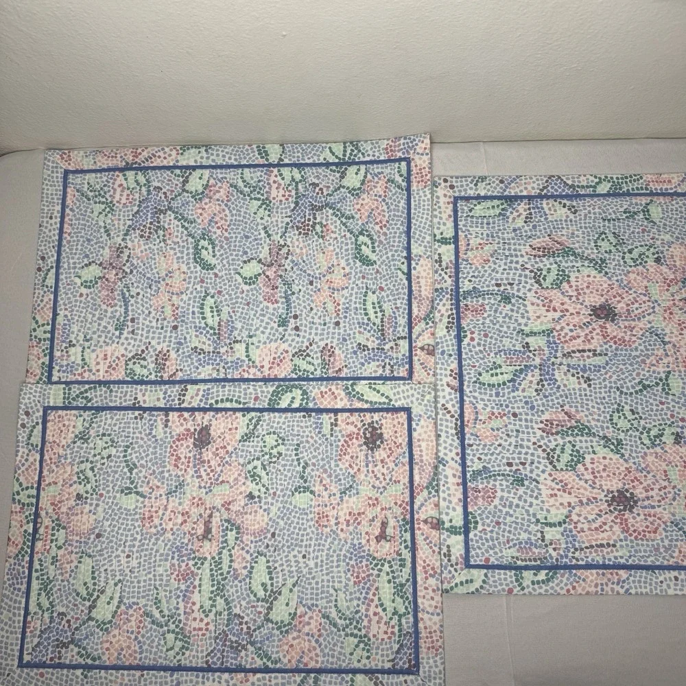 Mervyns Set Of 6 Cotton‎ Poly Pastel Pleated Placemats Retro Floral Blue Pink